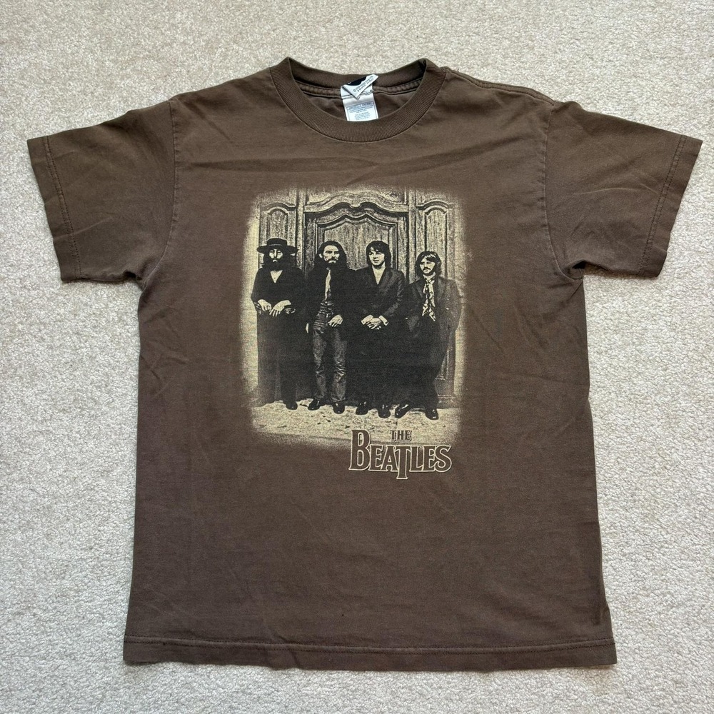 Vtg Beatles Shirt Mens Small Brown Band Photo Graphic Rock Tee 2005 Y2K Faded